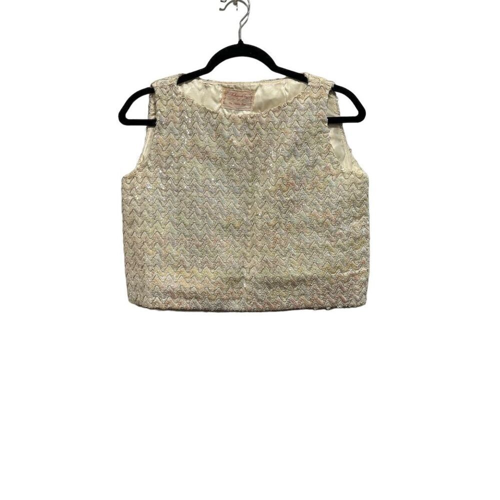 Vintage 1930s Flapper Ivory Sequin Embroidered Sleeveless Cropped Blouse S/M